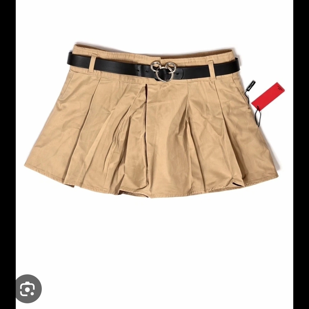 Disney Tan Pleated Skater Mini Skirt with Black Heart-Buckle Belt